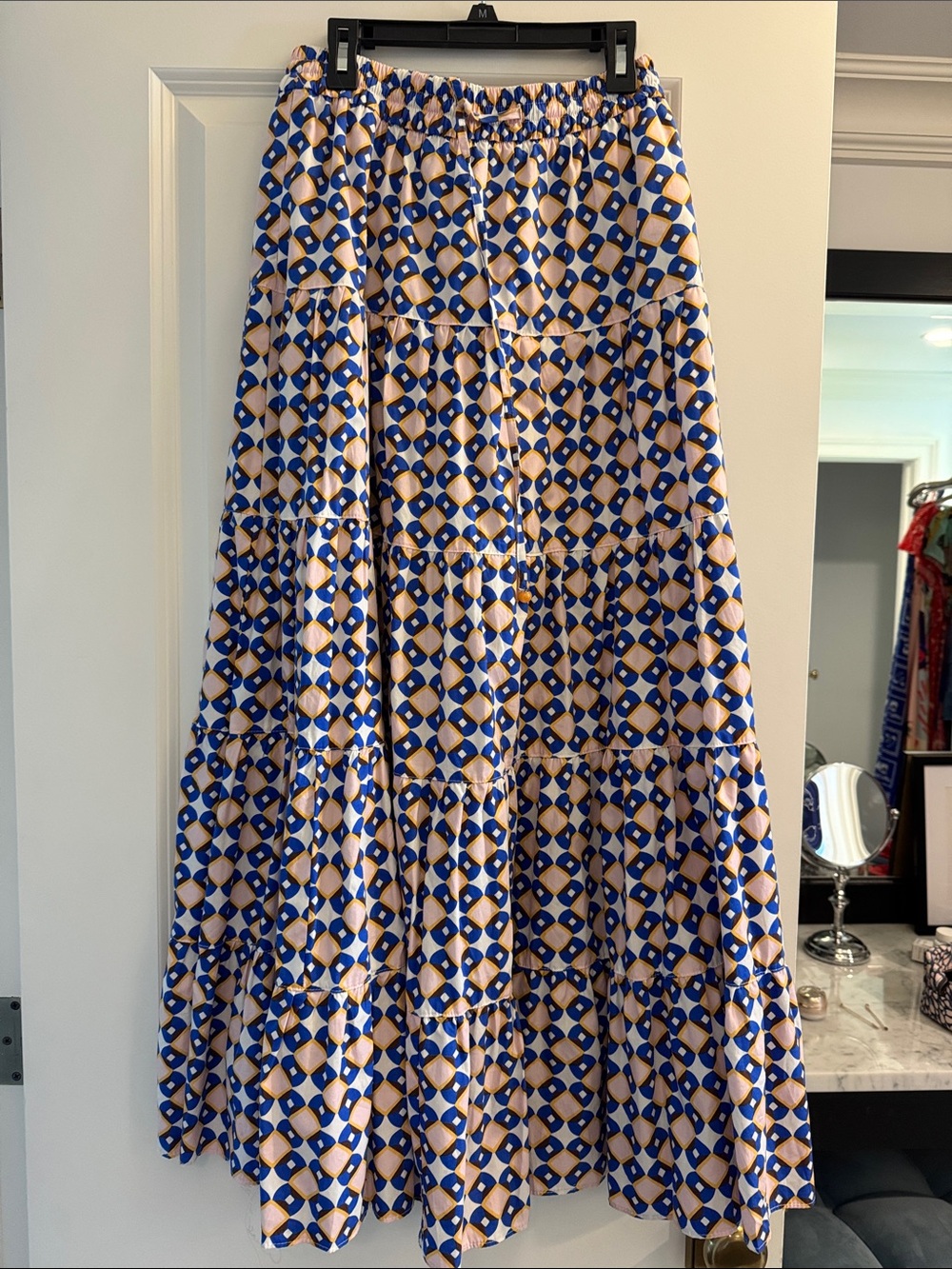 Blue and white Geometric Tiered Maxi Skirt